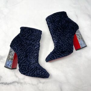 Christian Louboutin Tissu Poodle Hilconico Faux Fur Block Heel Ankle Bootie 37.5